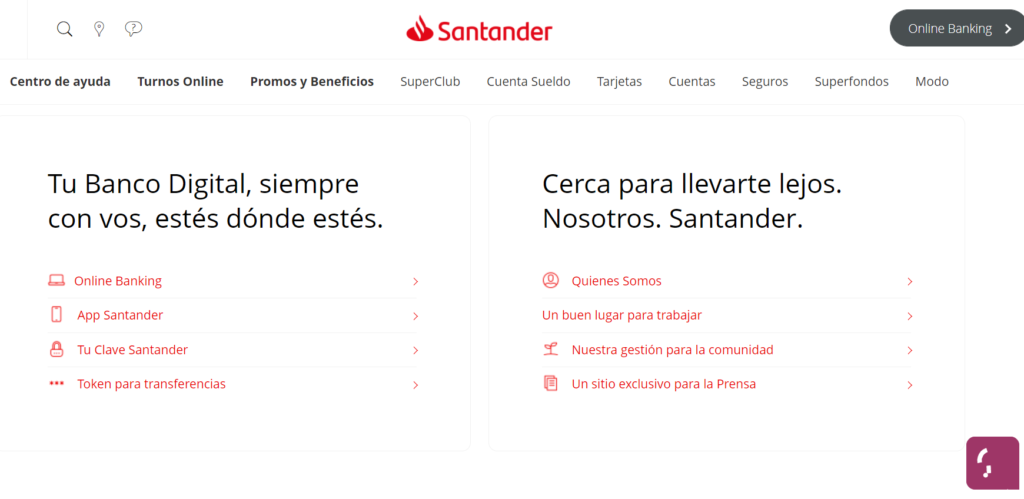 Ejemplo de UX en el sitio de Banco Santander